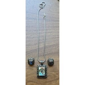 Vintage Silver Tone Necklace & Earrings‎ Set Abalone Shell Rectangular Pendant